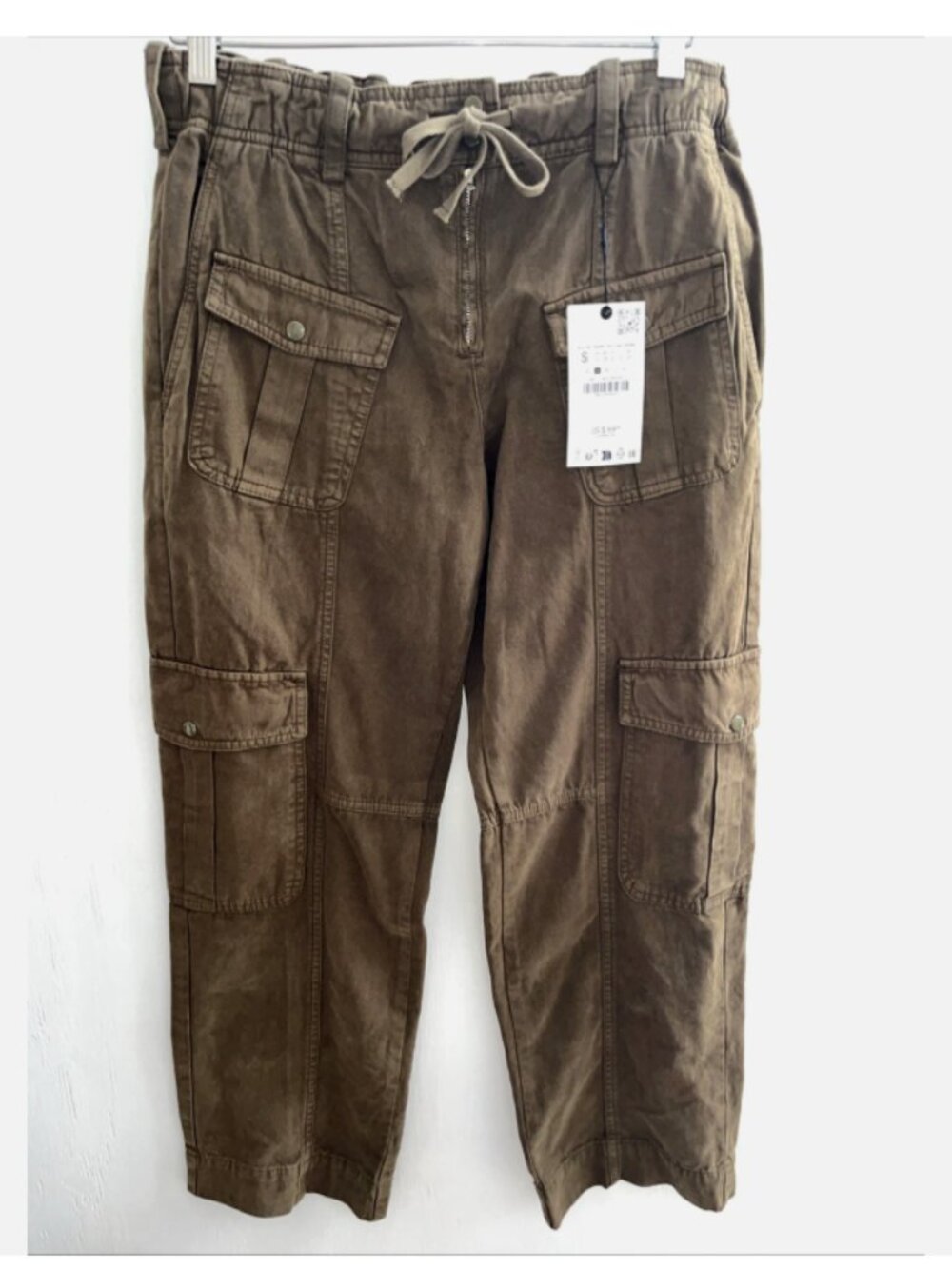 ZARA Khaki Cargo Utility Pants Drawstring Crop Wide Leg Pockets Drawstring S NWT